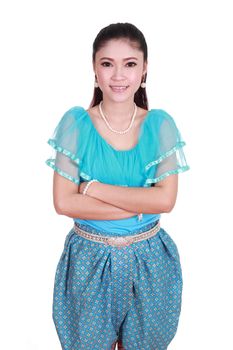 woman wearing typical thai dress isolated on white background, identity culture of thailand