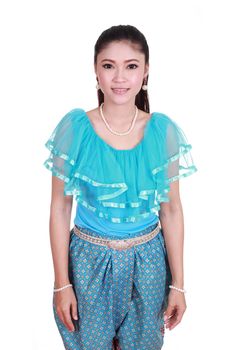 woman wearing typical thai dress isolated on white background, identity culture of thailand