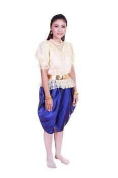 woman wearing typical thai dress isolated on white background, identity culture of thailand