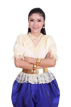 woman wearing typical thai dress isolated on white background, identity culture of thailand