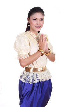 woman wearing typical thai dress pay respect isolated on white background, identity culture of thailand