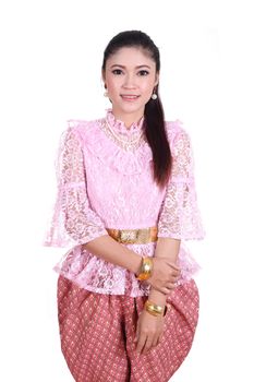 woman wearing typical thai dress isolated on white background, identity culture of thailand