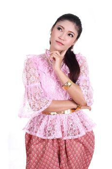 woman wearing typical thai dress thinking isolated on white background, identity culture of thailand