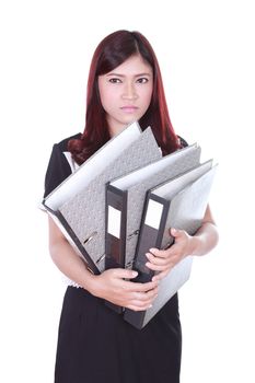 business woman holding stack of folders documents isolated on white background