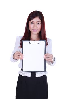 business woman holding a blank clipboard isolated on white background