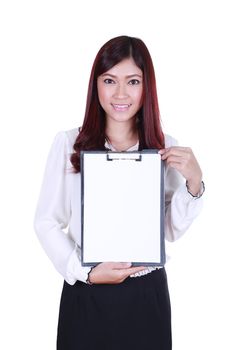 business woman holding a blank clipboard isolated on white background