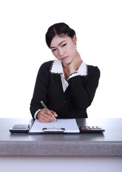 business woman sitting on her desk holding a pen working with documents sign up contract isolated on white background