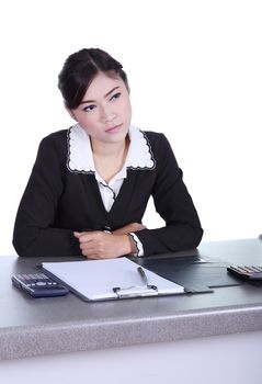 business woman sitting on her desk and thinking with documents sign up contract isolated on white background