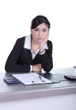 business woman sitting on her desk and thinking with documents sign up contract isolated on white background