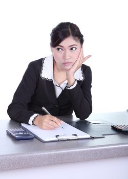 business woman sitting on her desk and thinking with documents sign up contract isolated on white background