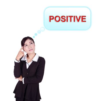 Business woman thinking about positive thinking isolated on white background