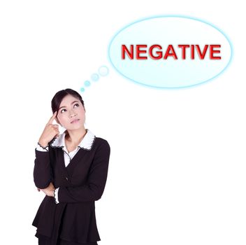 Business woman thinking about negative thinking isolated on white background