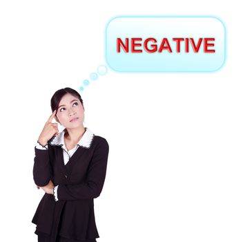 Business woman thinking about negative thinking isolated on white background