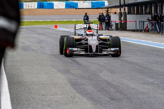 JEREZ DE LA FRONTERA, SPAIN - JAN 31: Adrian Sutil of Sauber F1 leaving the pit on training session on January 31 , 2014, in Jerez de la Frontera , Spain
