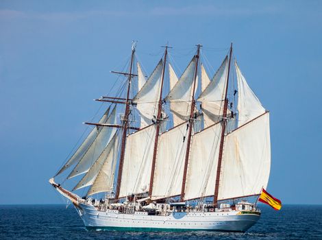 CADIZ, SPAIN - APR 01: Spanish Navy Training Ship, Juan Sebastian de Elcano setting sail on the 83rd cruise of instruction with 69 midshipmen on April 01 , 2012, in Cadiz , Spain