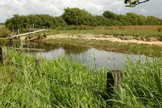 An area of river fenced off as a watering hole next to a field.