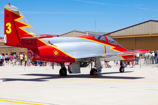 ALBACETE, SPAIN-JUN 23:  Aircraft CASA C-101 taking part in a static exhibition on the open day of the airbase of Los Llanos on Jun 23, 2013, in Albacete, Spain