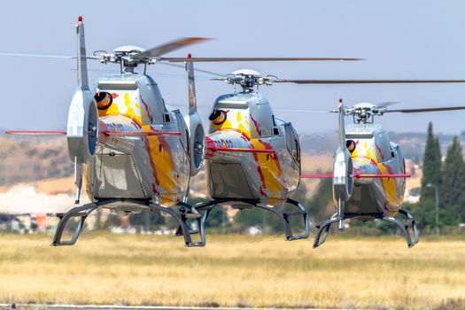 GRANADA, SPAIN-MAY 18: Helicopters of the Patrulla Aspa taking part in a exhibition on the X Aniversary of the Patrulla Aspa of the airbase of Armilla on May 18, 2014, in Granada, Spain