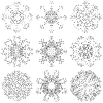 Set abstract floral patterns, black contours on white background.