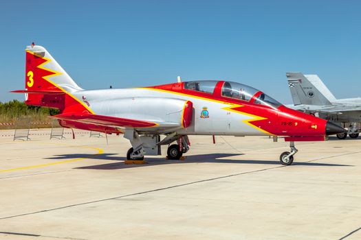 ALBACETE, SPAIN-JUN 23:  Aircraft CASA C-101 taking part in a static exhibition on the open day of the airbase of Los Llanos on Jun 23, 2013, in Albacete, Spain