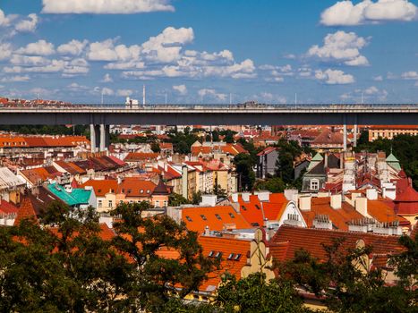 Modern transport bridge above residential part of Prague