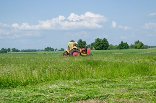 tractor travels through the meadow leaving cut grass of fine lines summer day