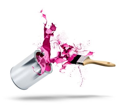 Paint can and brush fall bursting pink red color splash