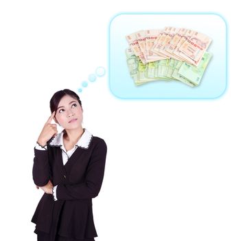 Business woman thinking about money isolated on white background