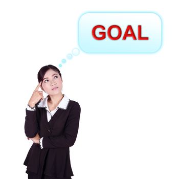 Business woman thinking about goal isolated on white background