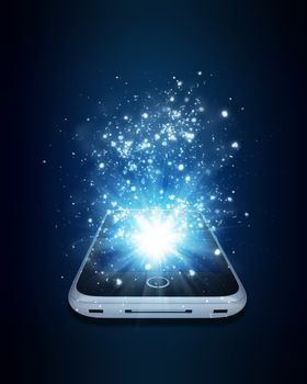 Smart phone with magic light and falling stars. Dark background
