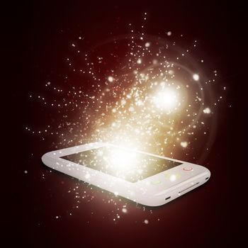 Smart phone with magic light and falling stars. Dark background