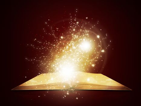 Old open book with magic light and falling stars. Dark background