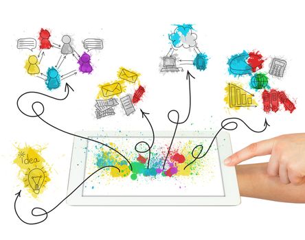 Woman hands hold tablet pc with colored business sketches