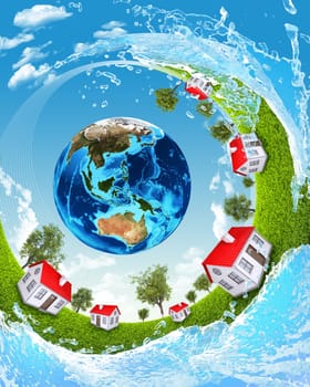 Earth, green grass, houses and water. Elements of this image are furnished by NASA