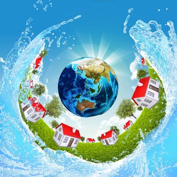 Earth, green grass, houses and water. Elements of this image are furnished by NASA