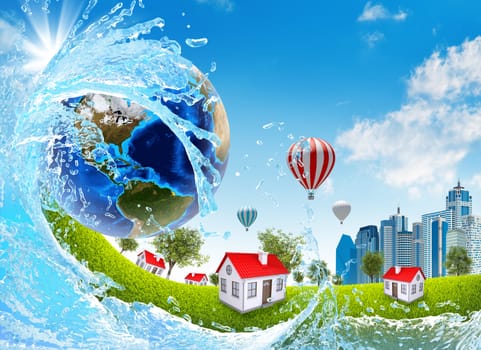 Earth, green grass, buildings and water. Elements of this image are furnished by NASA