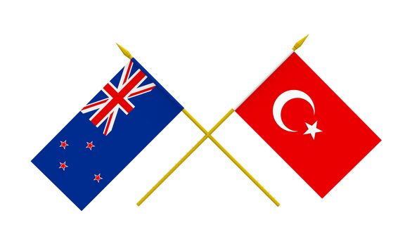 Flags of Turkey and New Zealand, 3d render, isolated on white