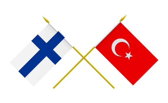 Flags of Turkey and Finland, 3d render, isolated on white
