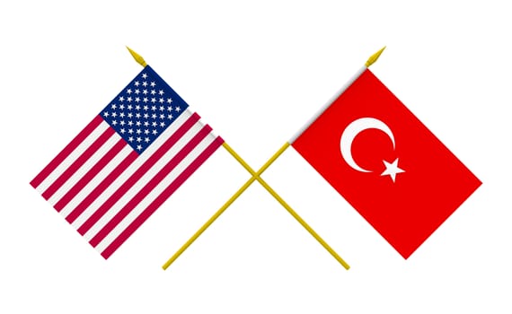 Flags of USA and Turkey, 3d render, isolated on white