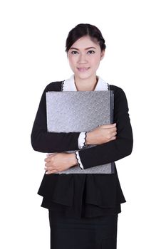 business woman confident smile holding folder documents isolated on white background