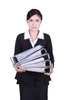 business woman holding stack of folders documents isolated on white background