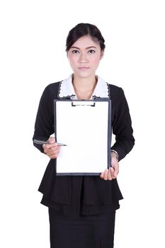 business woman holding a blank clipboard isolated on white background