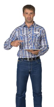 Portrait of man using his tablet pc against white background