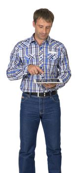 Portrait of man using his tablet pc against white background