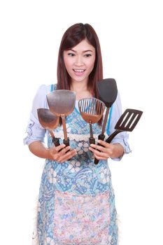 female chef with kitchen spatula isolated on white background