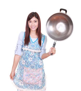 female chef holding the frying pan isolated on white background