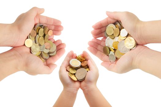 closeup human's hands holding world coins isolated on white background, family planing, insurance and saving money concepts