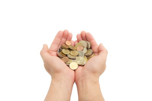 closeup man's hands holding world coins isolated on white background, human hands and saving concepts