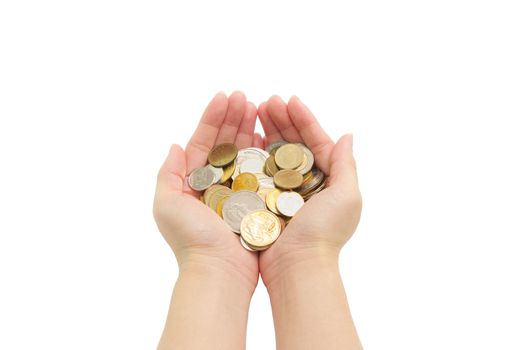 closeup woman's hands holding world coins isolated on white background, human hands and saving concepts