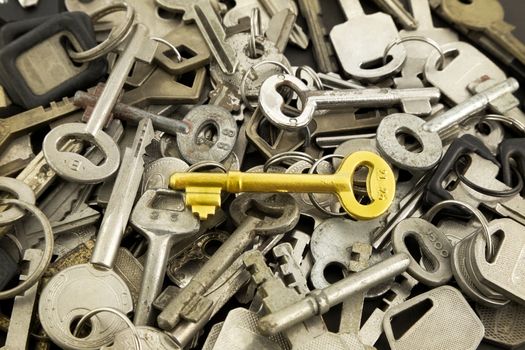 closeup gold skeleton key and old metal keys, solution and strategy concepts for business